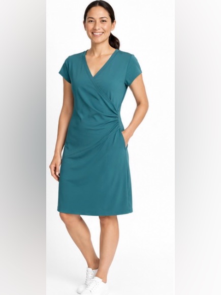 Athleta Teal Faux Wrap Ruched Performance Dress Size Large